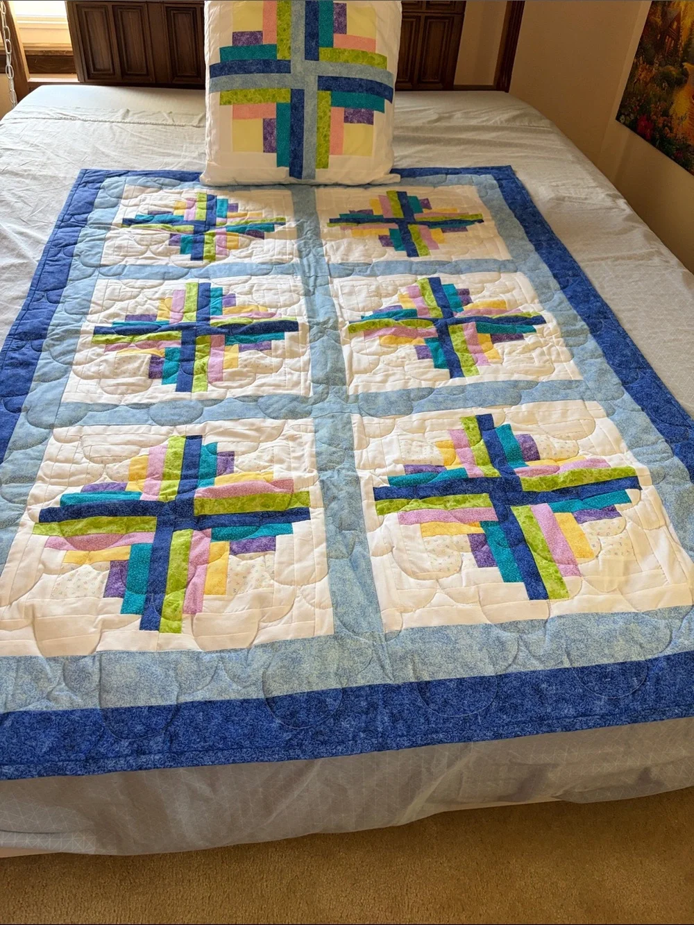 Vintage Handmade Patchwork Quilt with Blue, Green, Purple, Yellow Accents